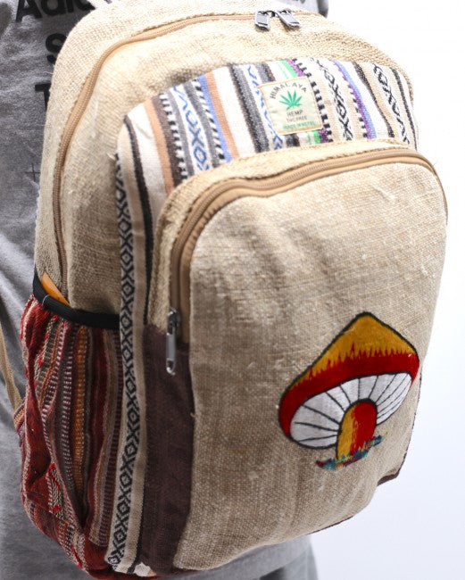 Himalayan Hemp Fabric with Embroidered Mushroom Large Backpack - Assorted Colors