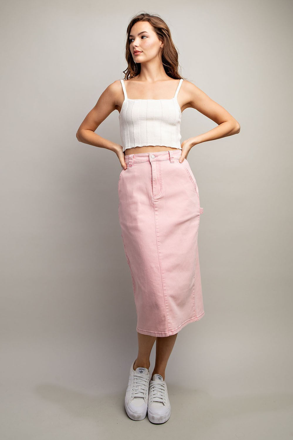 Mineral Washed Midi Skirt in Dusty Pink