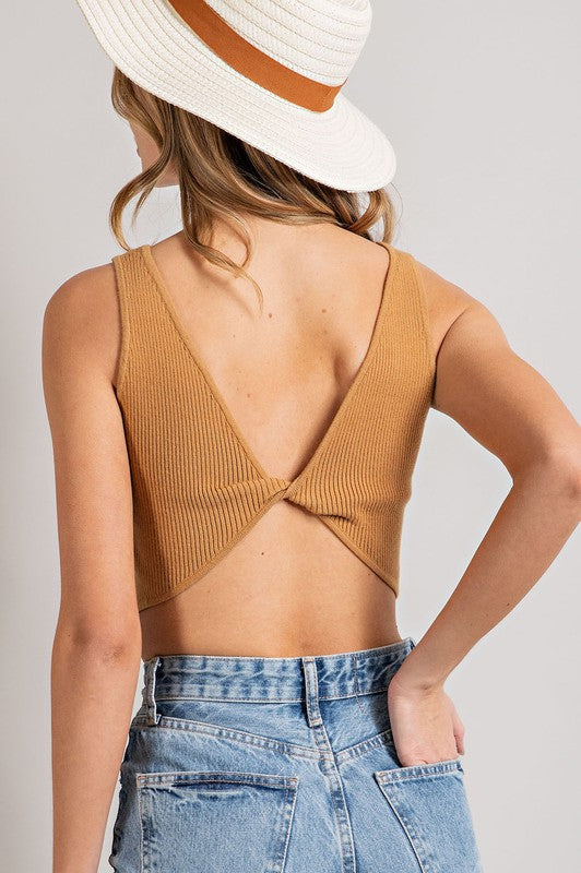 Back Twist Strap Sleeveless Top in Camel