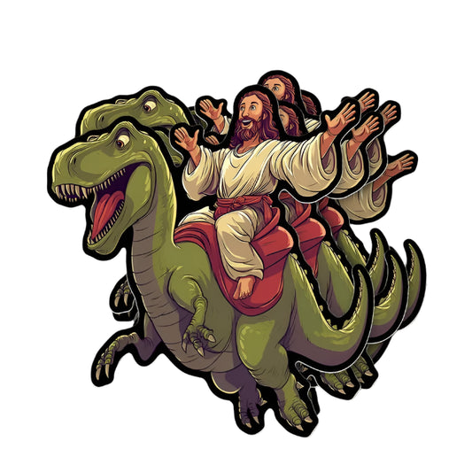 Jesus Riding A Dinosaur Sticker - 2"