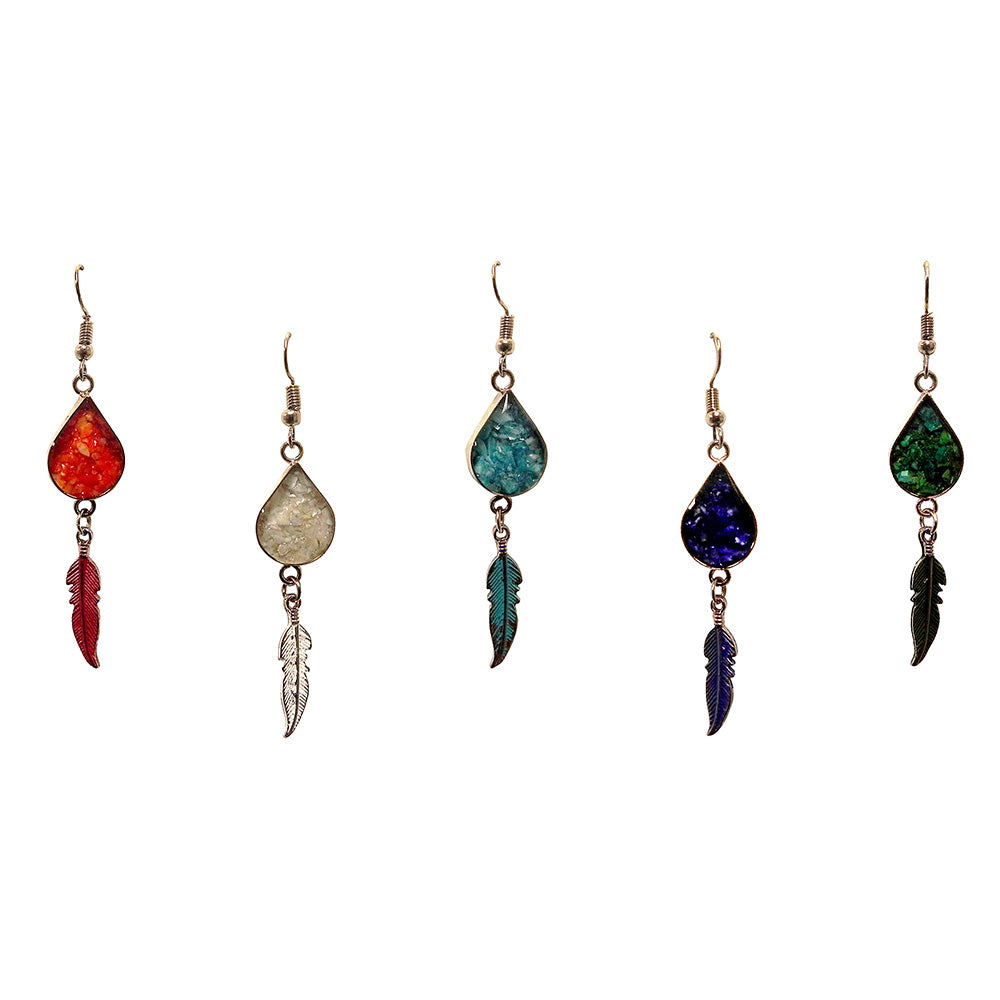 Geometric Stone Inlay w/ Hanging Metal Feather Earrings