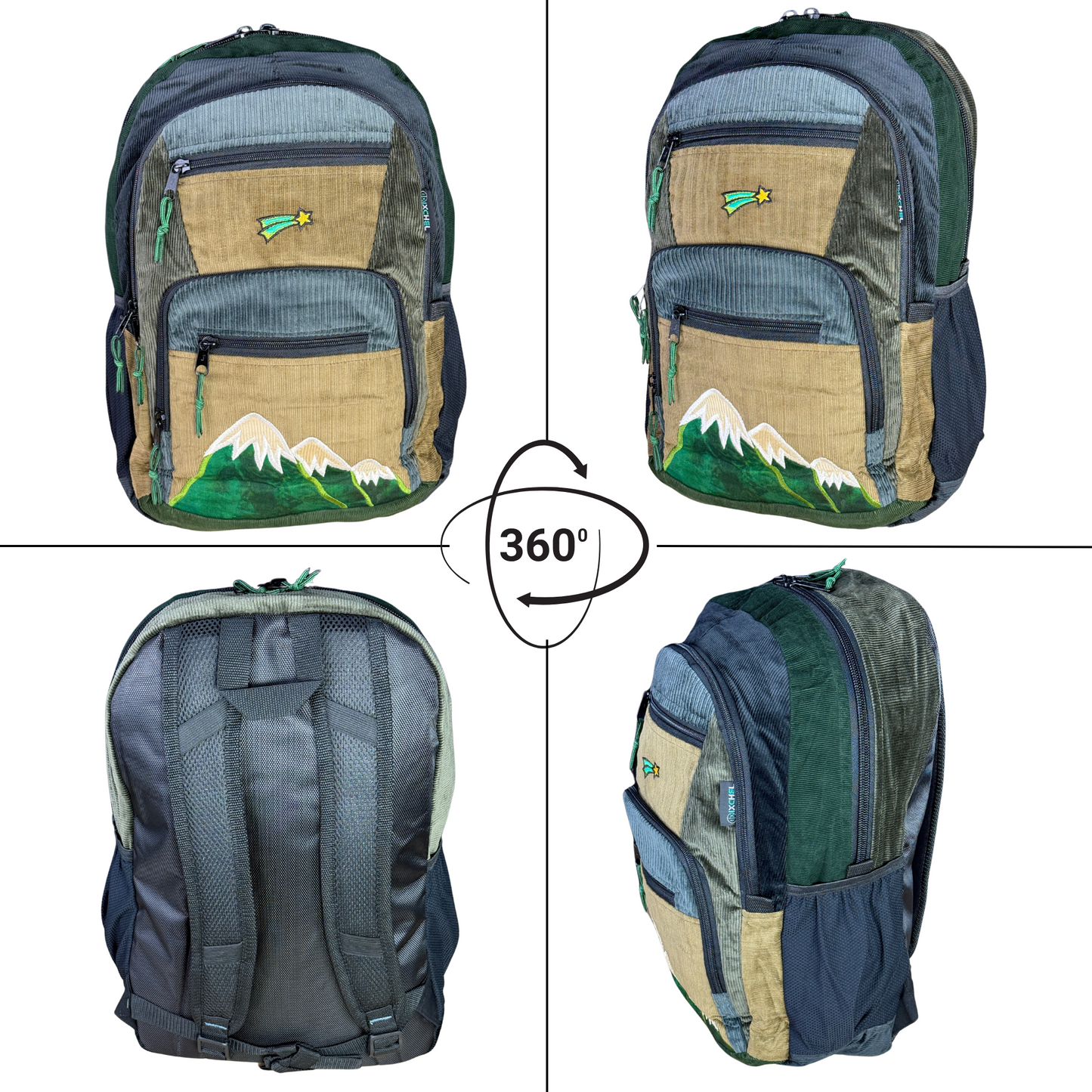 Patchwork Corduroy Backpack with Mountain Embroidered Applique