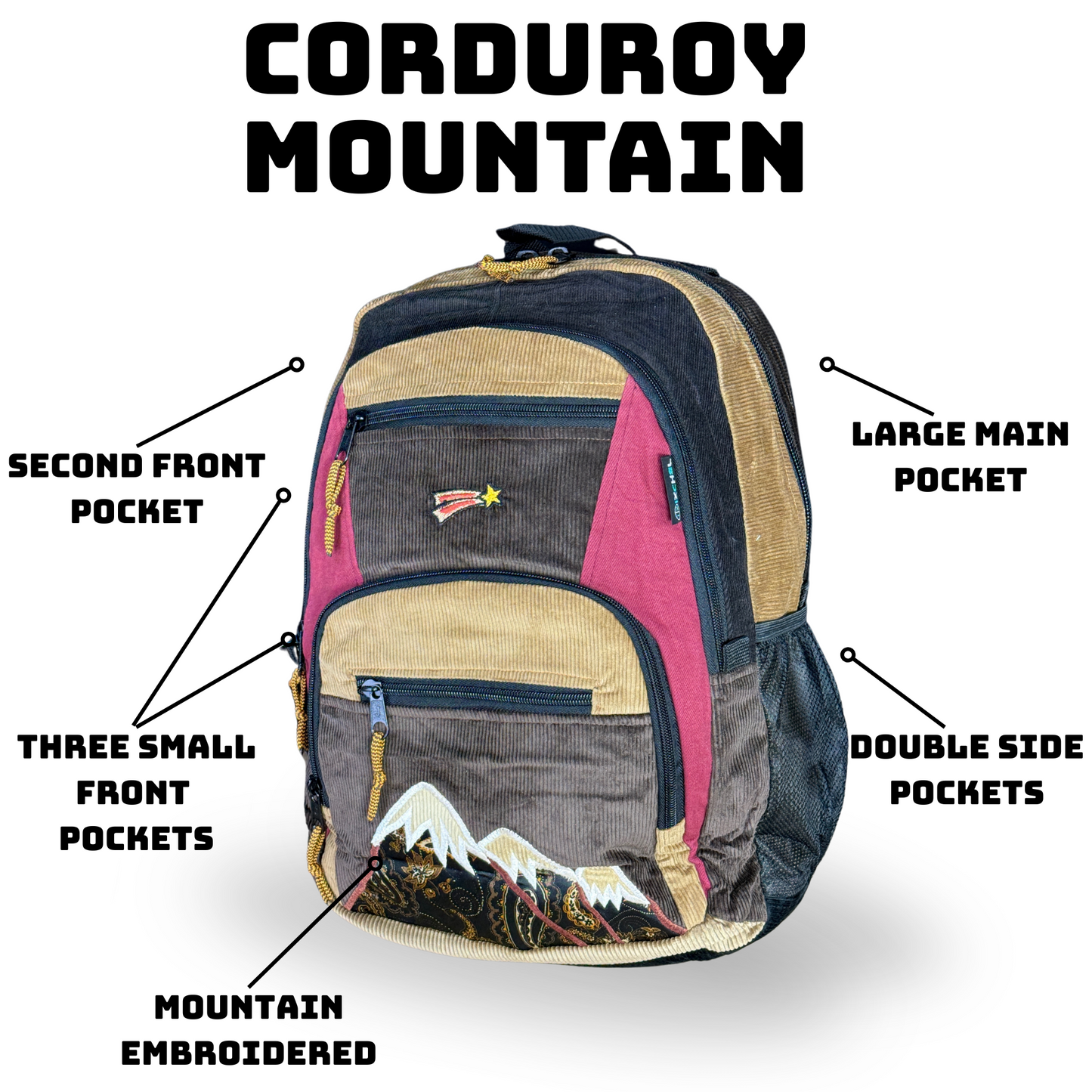 Patchwork Corduroy Backpack with Mountain Embroidered Applique