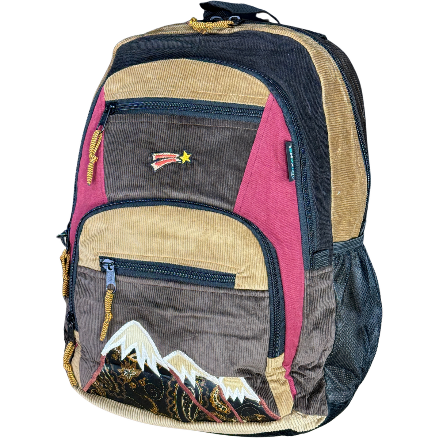 Patchwork Corduroy Backpack with Mountain Embroidered Applique