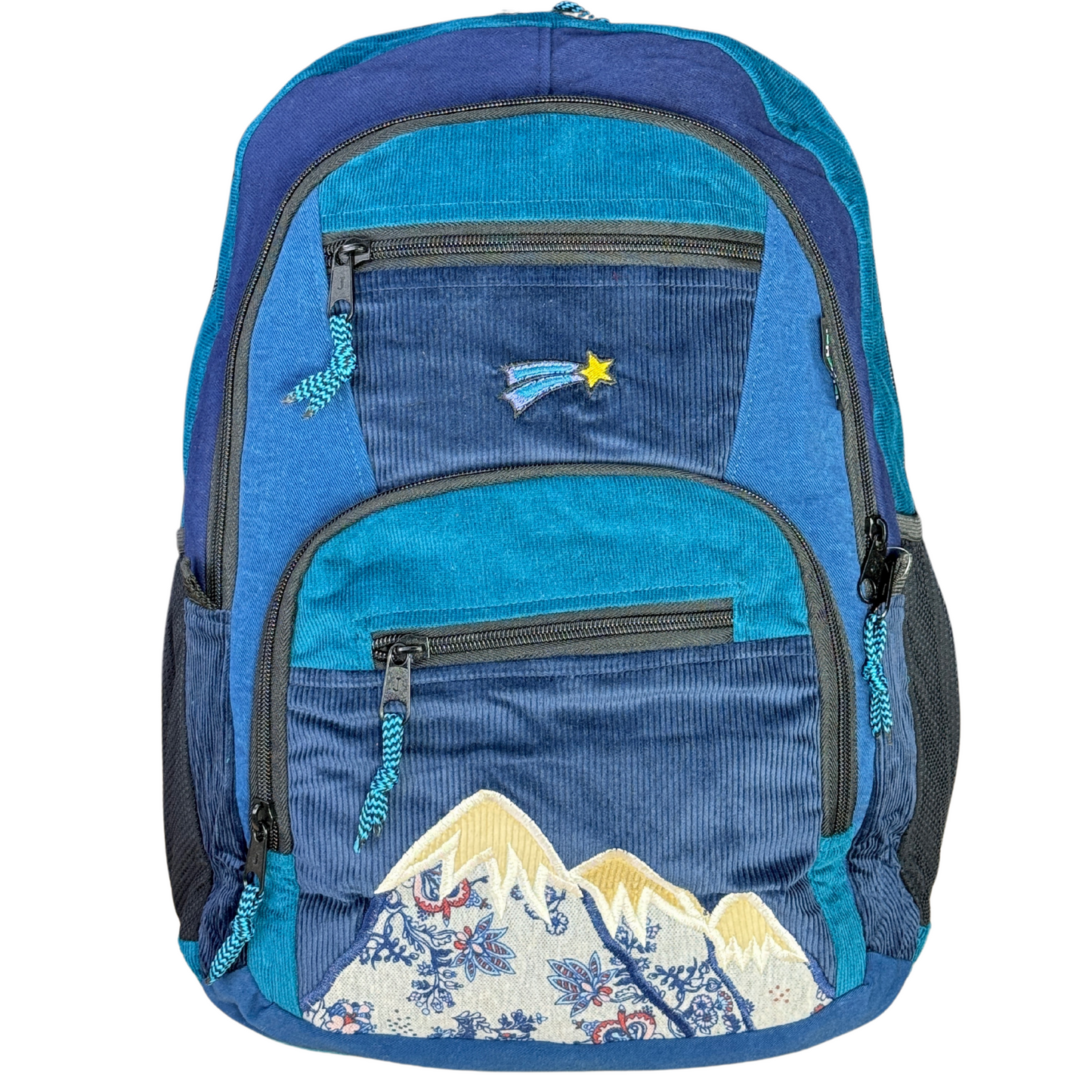 Patchwork Corduroy Backpack with Mountain Embroidered Applique