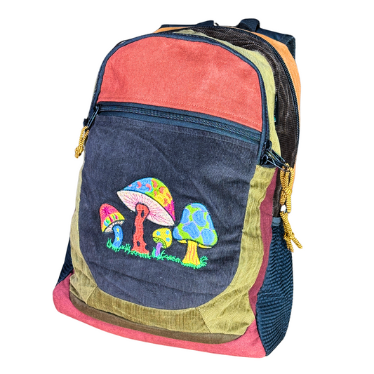Ixchel Cotton Corduroy & Denim with Mushroom Embroidery Backpack