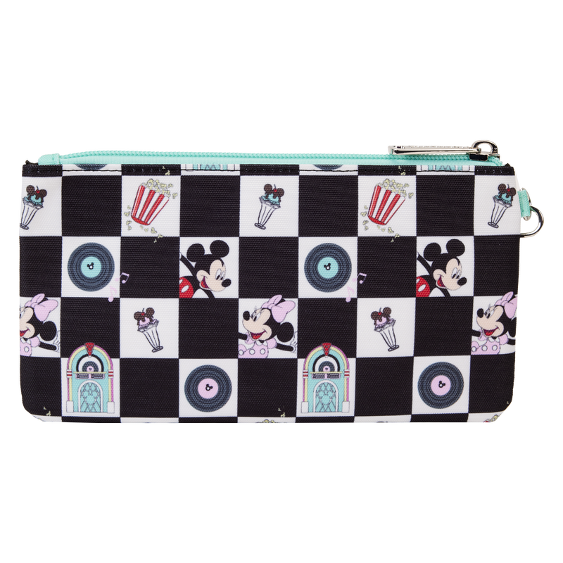 Loungefly Mickey & Minnie Date Night Diner Checkered All-Over Print Nylon Zipper Pouch Wristlet SALE