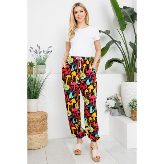 Mushroom Print Pants With Pocket And Draw String