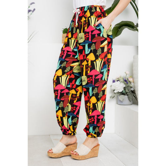 Mushroom Print Pants With Pocket And Draw String