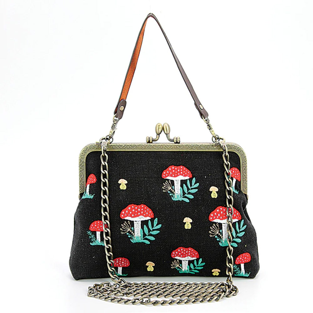 Mushrooms Kisslock Bag - Black