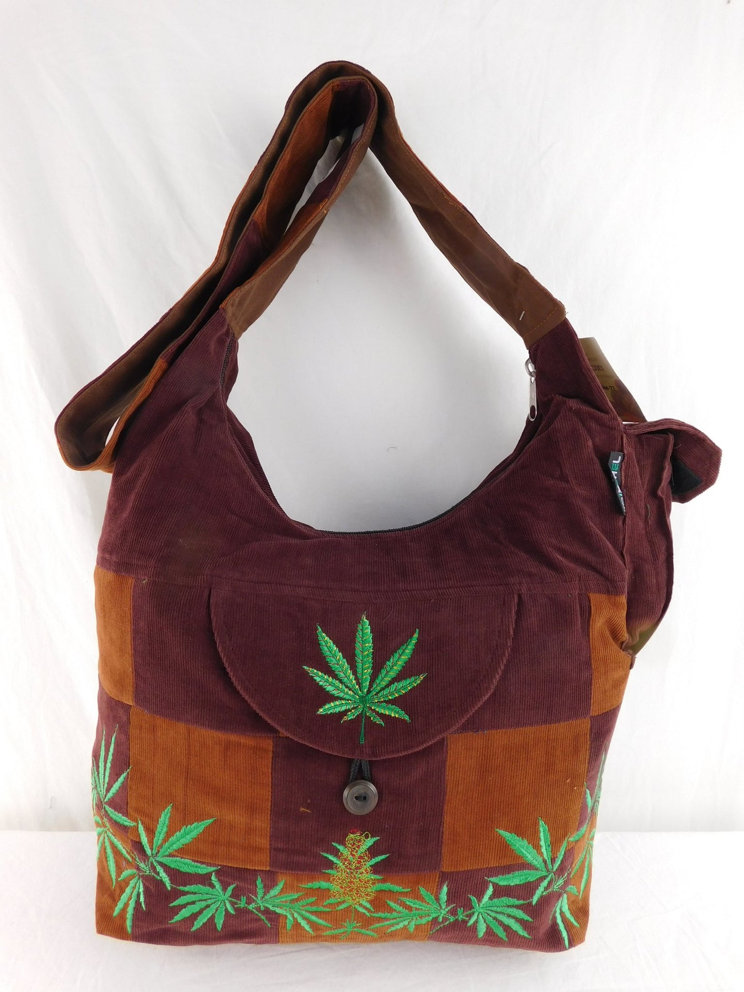 Patchwork Corduroy Saddle Bag with Ganja Leaf Embroidery