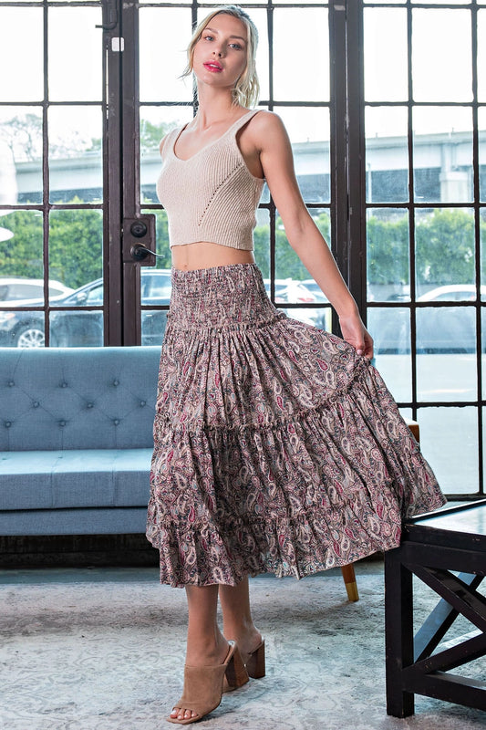 Paisley Print Tiered Maxi Skirt in Taupe