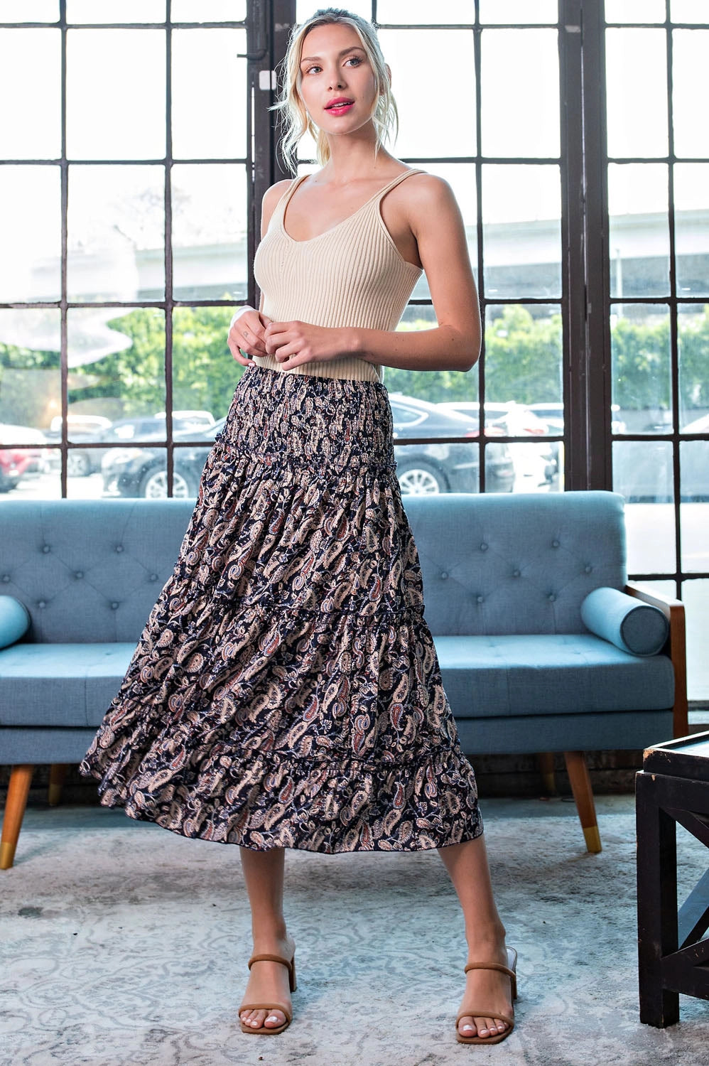 Paisley Print Tiered Maxi Skirt in Navy SALE