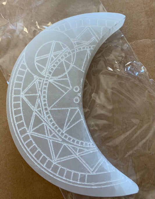 Selenite Carved Moon Crescent - Star Design