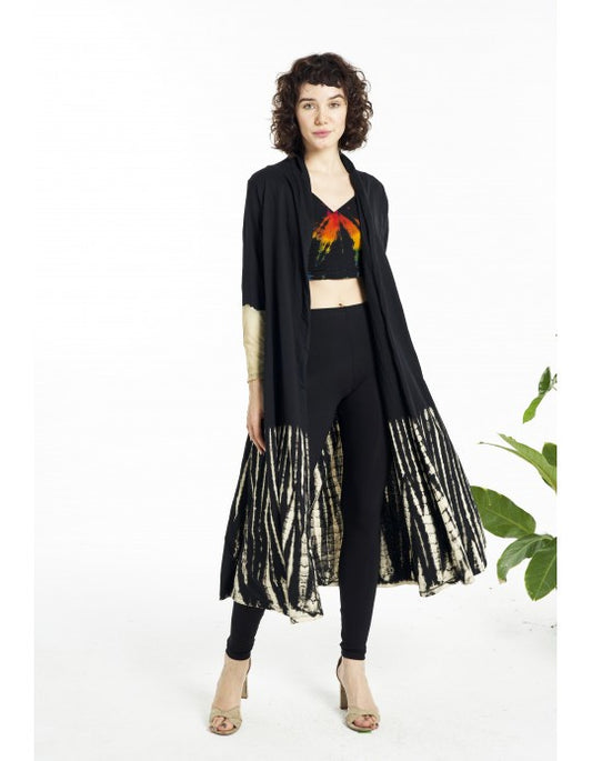 Half Tie Dyed and Black Long Cardigan with 3/4 Sleeves