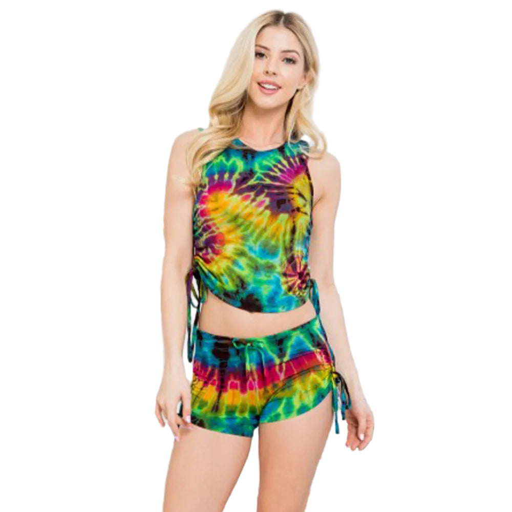 Tie Dye Drawstring Ruched Side Tank Top