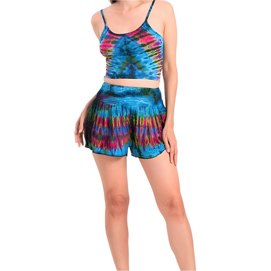 Tie Dye Flare Shorts With Elastic Waist