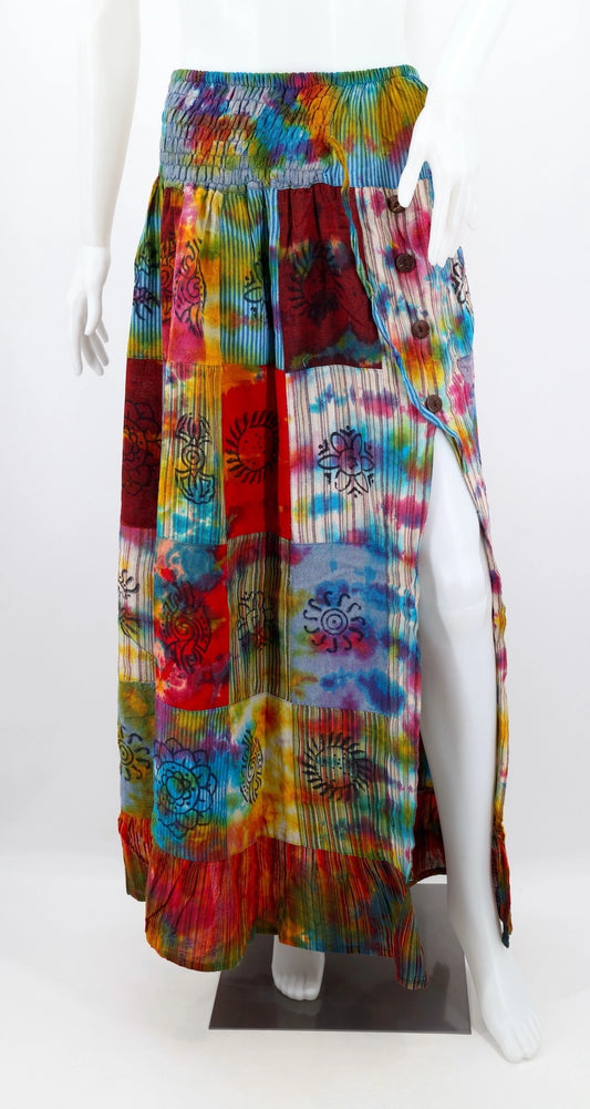 Tie Dyed Cotton Patchwork Skirt with Side Slit