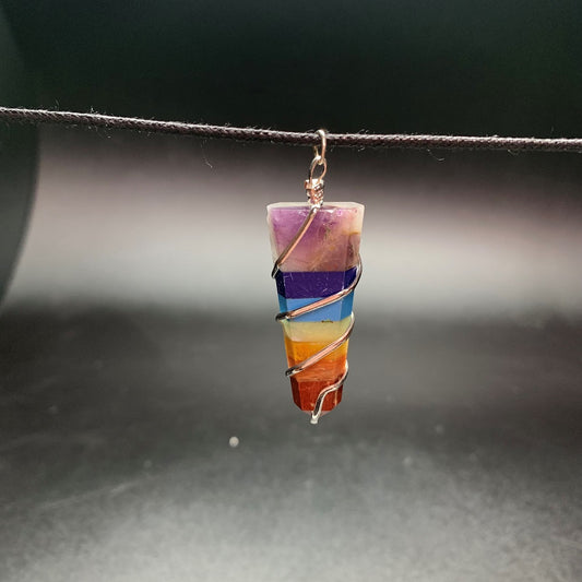 Wire Wrapped Bonded Chakra Flat Stone Pendant