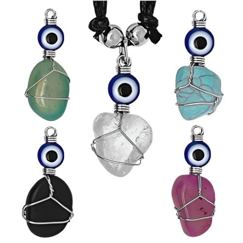 Wire Wrapped Stone with Evil Eye Necklace