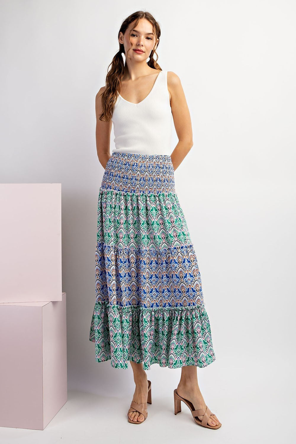 Printed Color Black Tiered Maxi Skirt