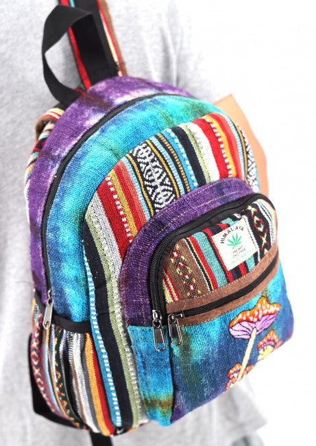 Embroidered Frog and Mushroom Himalayan Hemp Fabric Tie Dye Mini Backpack
