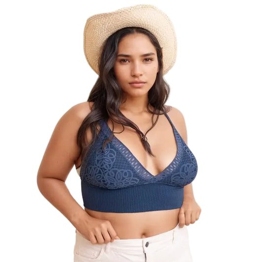 Curvy Lace V Neck Bralette in Slate Blue