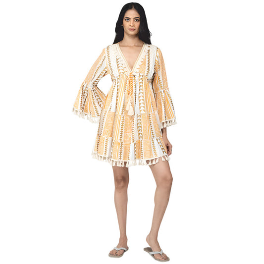 Bell Sleeve Short Dress with Fringe Trim in Orange