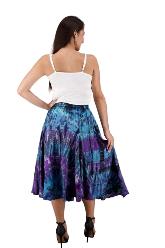 Boho Blue & Purple Tie Dyed Tieried Midi Skirt