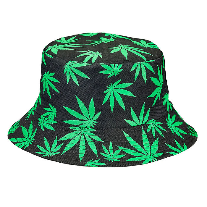 Hemp Leaf Print Bucket Hat - Black & Green