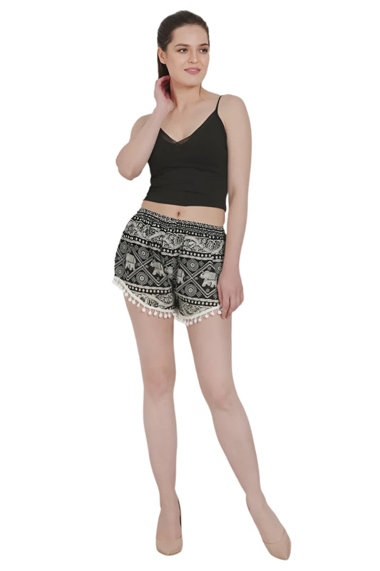 Boho Elephant Print Shorts w/ Tassels