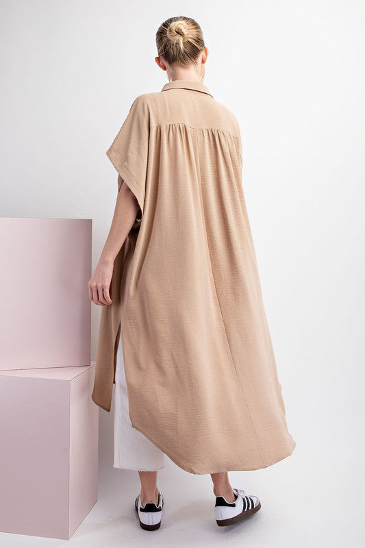 Short Sleeve Button Down Midi Dress in Taupe