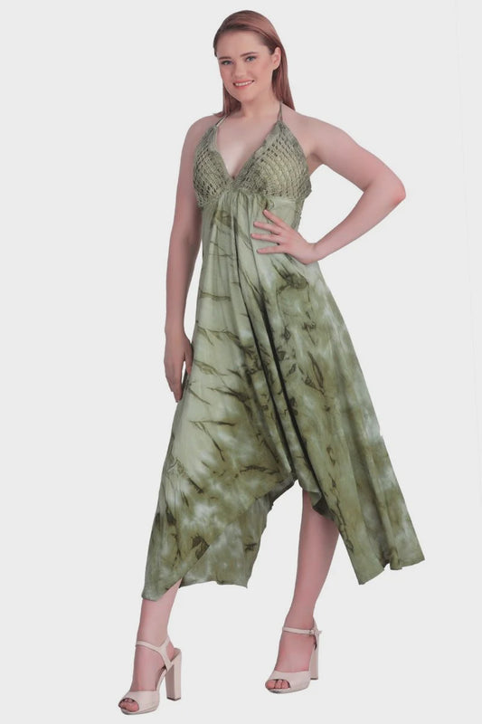 Crotched Halter Top Dress in Olive Green Tie Dye