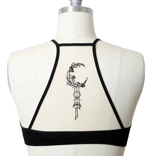 Celestial Moon Embroidered Mesh Black Bralette
