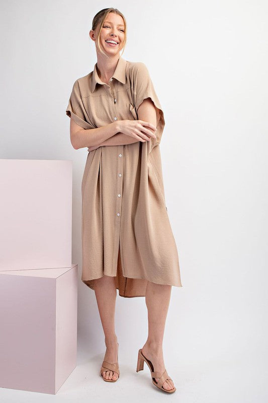 Short Sleeve Button Down Midi Dress in Taupe