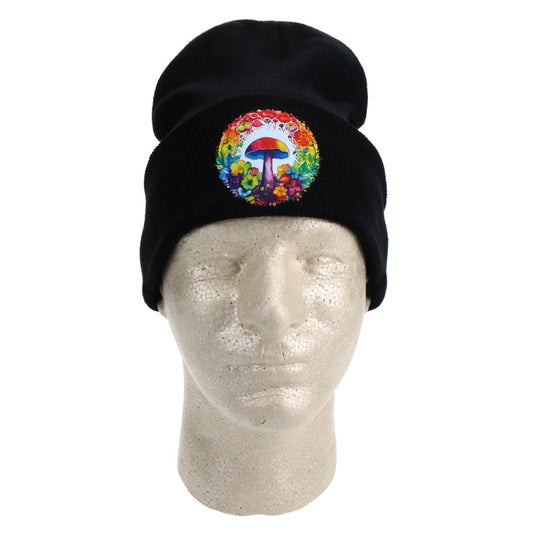 Colorful Mushroom and Flowers on Black Beanie