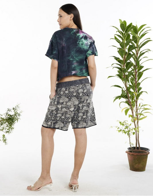 Mushroom Print Stonewashed Shorts