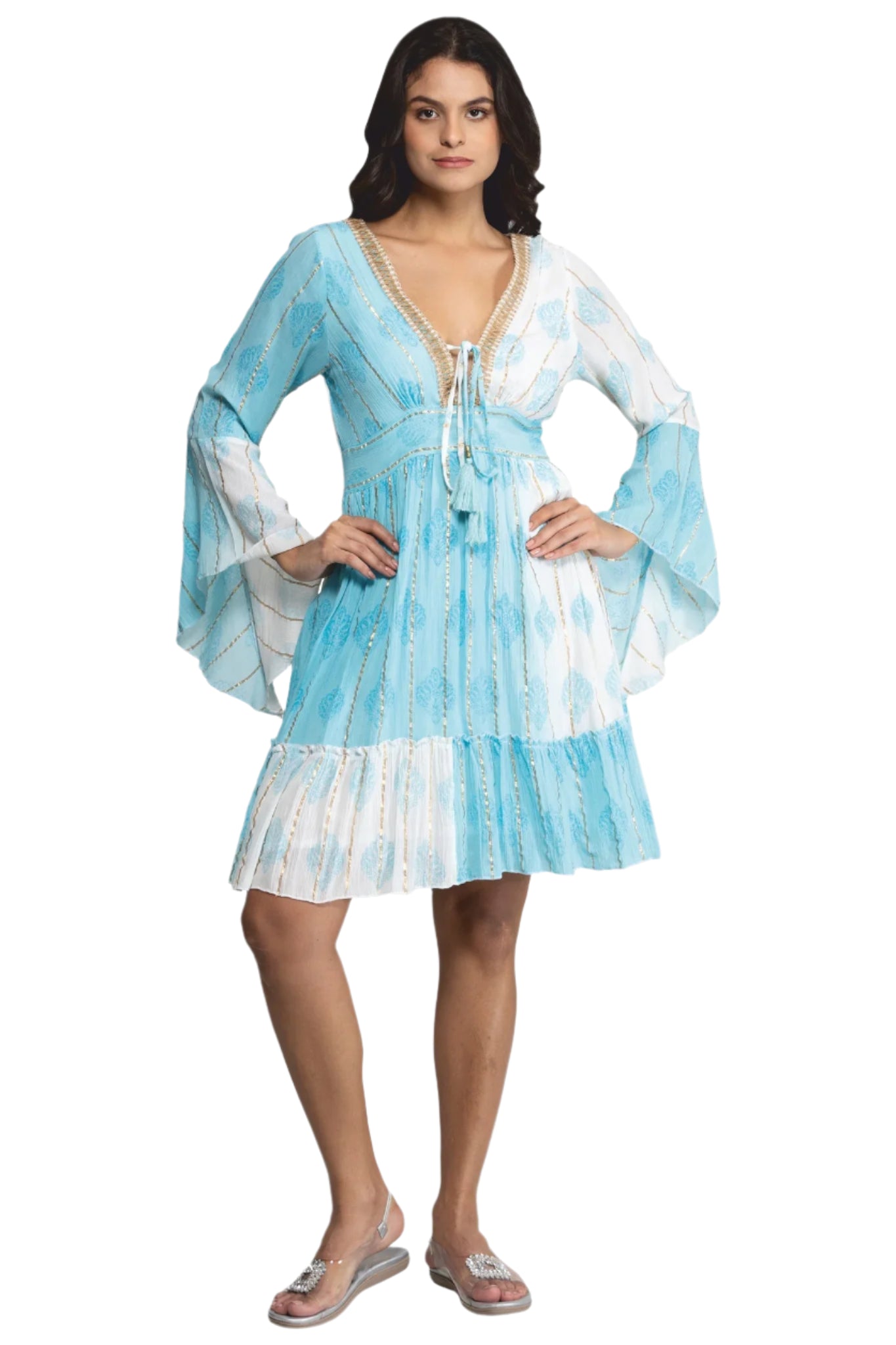 Bohemian Ruffle Tiered Mini Dress with Bell Sleeves - Turquoise