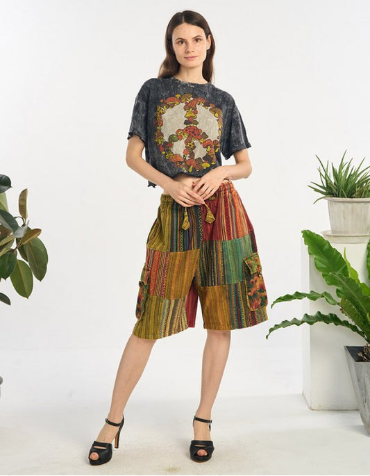 Mixed Cotton Patchwork Shorts with Tie Dyed Cargo Pockets