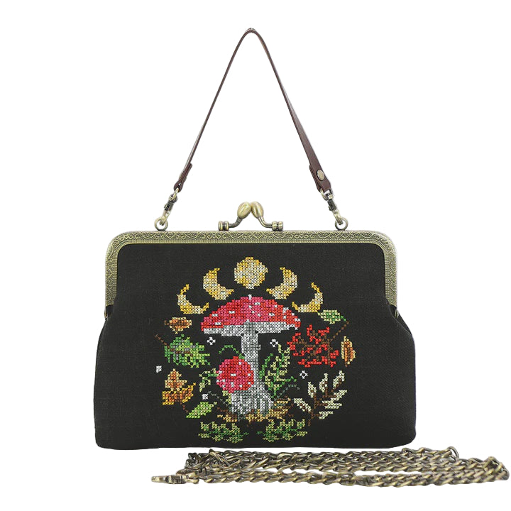 Moon Phases Mushroom Kisslock Bag in Black
