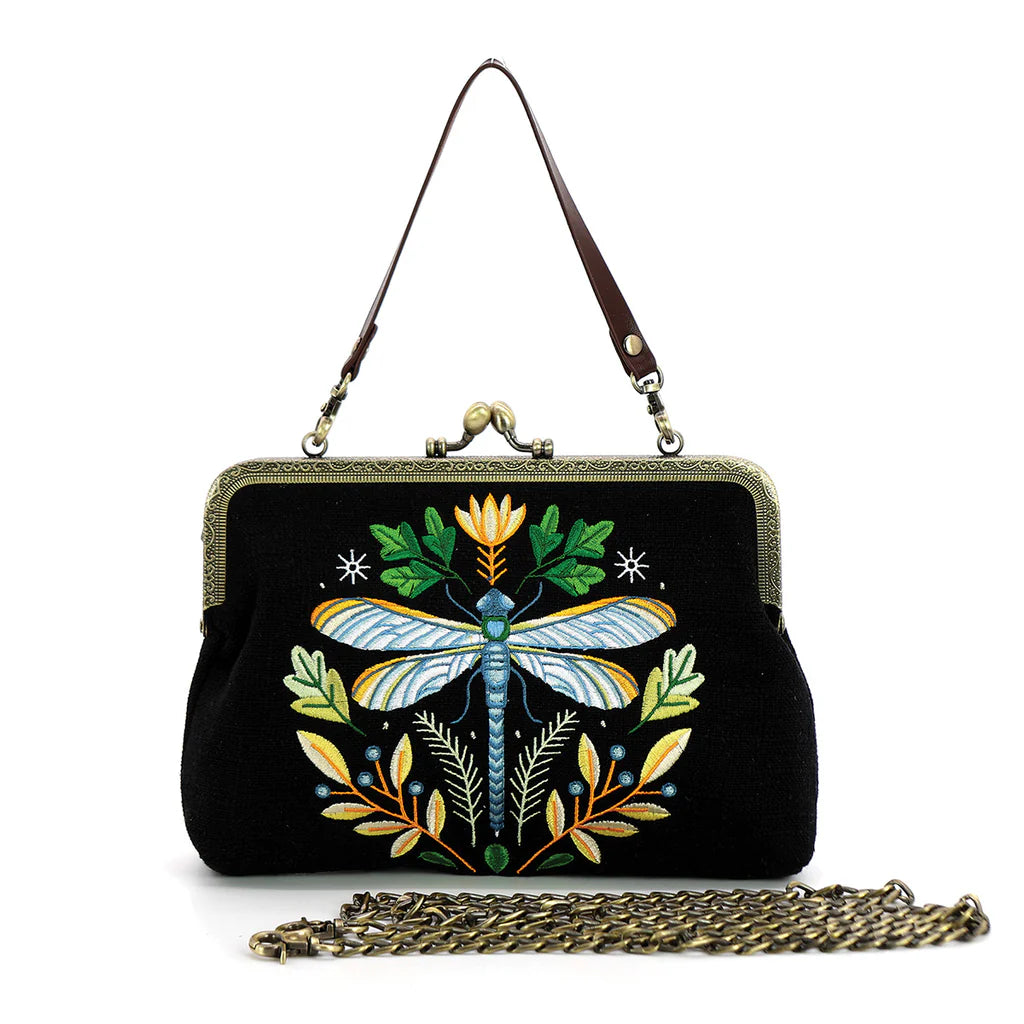 Dragonfly Vintage Kisslock Bag in Black