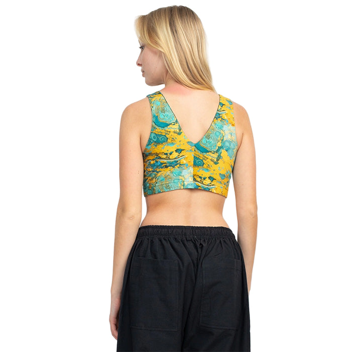 Psychedelic Marble Hi Neck Yoga Top in Turquoise