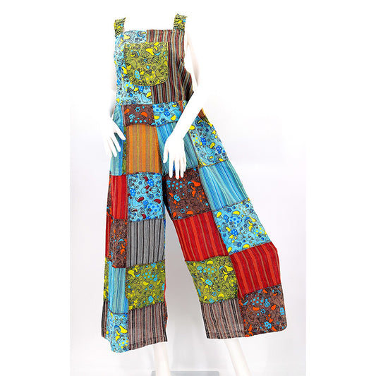 Mushroom Pattern Patchwork Overalls in Blue