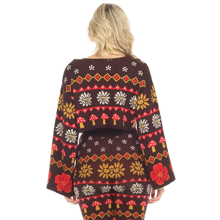 Fair Isle Mushroom Cropped Fit Boho Cardigan in Espresso