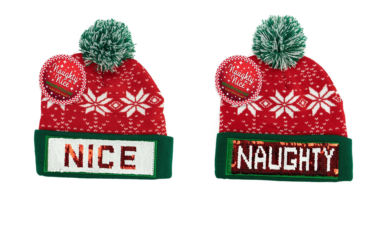 Holiday Naughty Or Nice Sequin Pom Hat