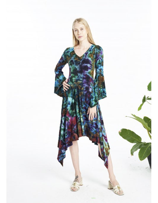 Tie Dye Bell Sleeve Asymmetric Midi Dress - Blue