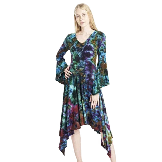 Tie Dye Bell Sleeve Asymmetric Midi Dress - Blue