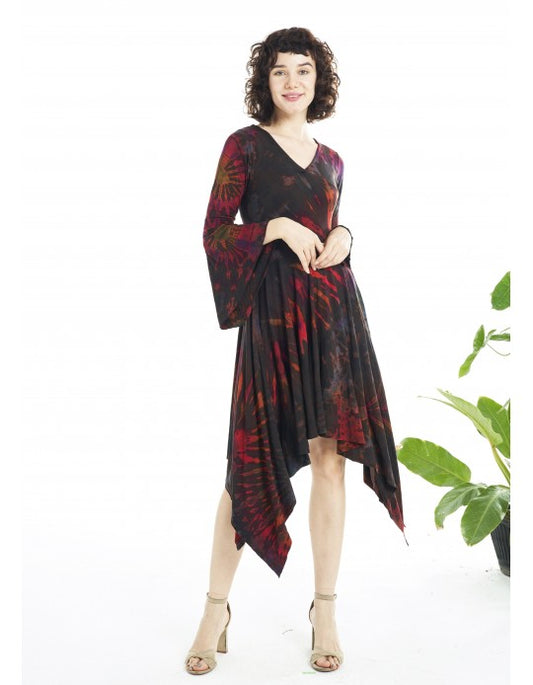 Tie Dye Bell Sleeve Asymmetric Midi Dress - Brown