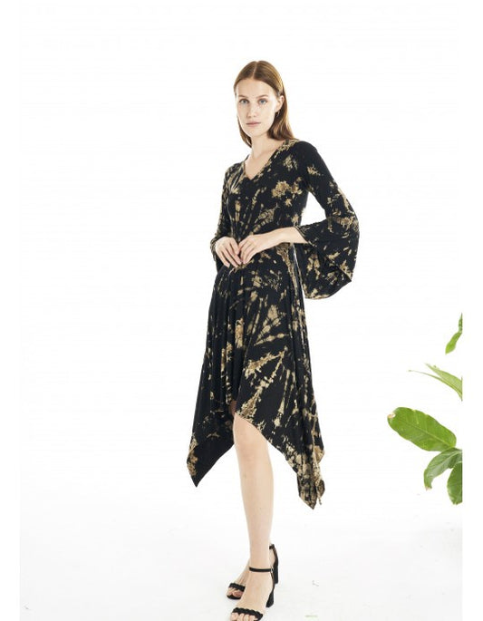 Tie Dye Bell Sleeve Asymmetric Midi Dress - Black and Bleach