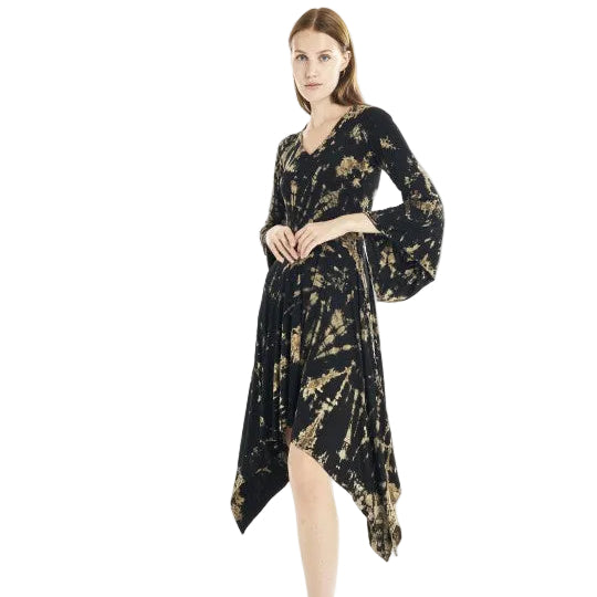 Tie Dye Bell Sleeve Asymmetric Midi Dress - Black and Bleach